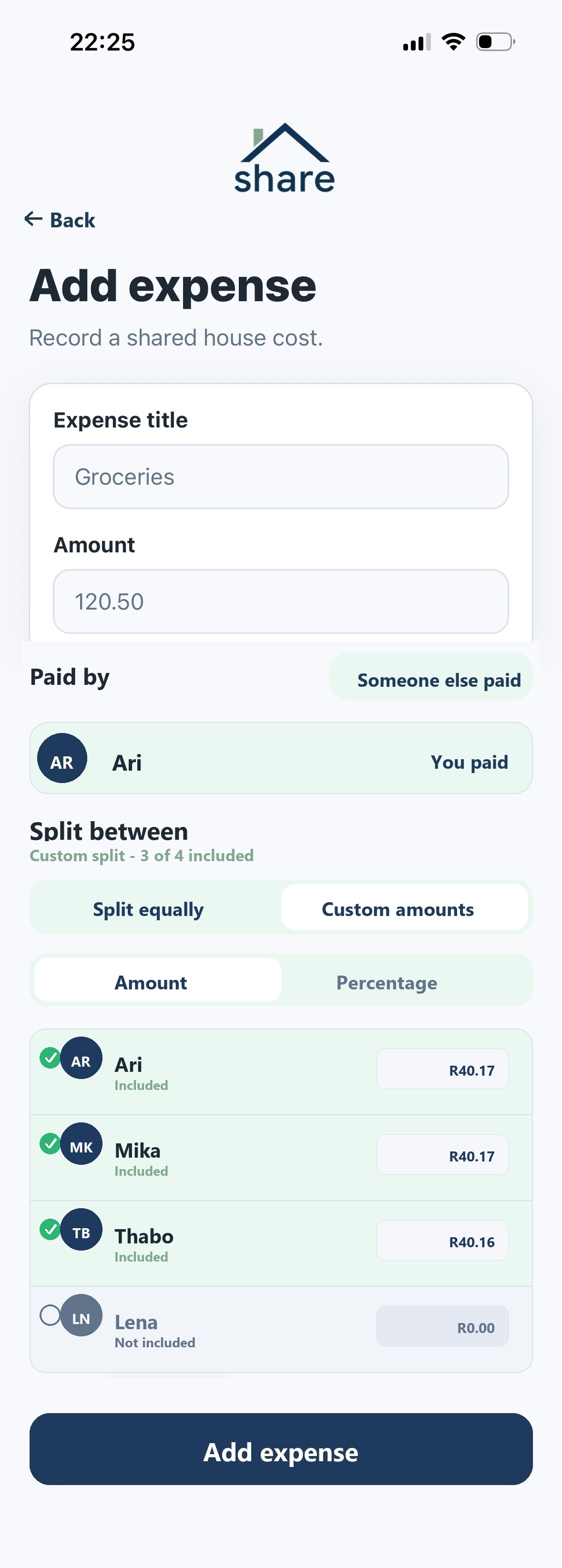 Share custom expense split screen