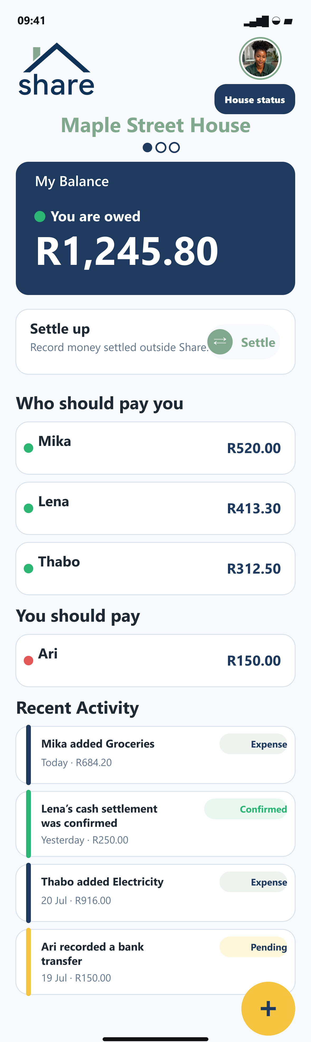 Share balance and recent activity screen
