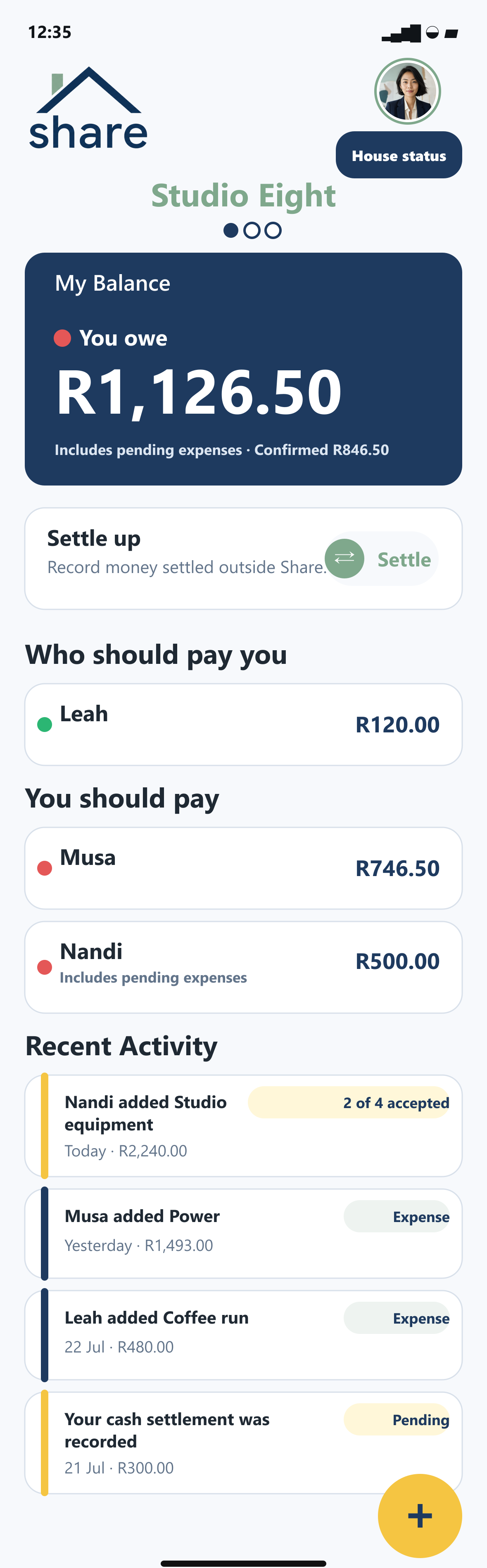 Share home screen with a pending shared expense